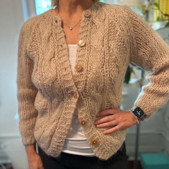 Handmade Mohair Blend Cardigan Cable Open Knit Champagne Blush - Size Small - Picture 7 of 8